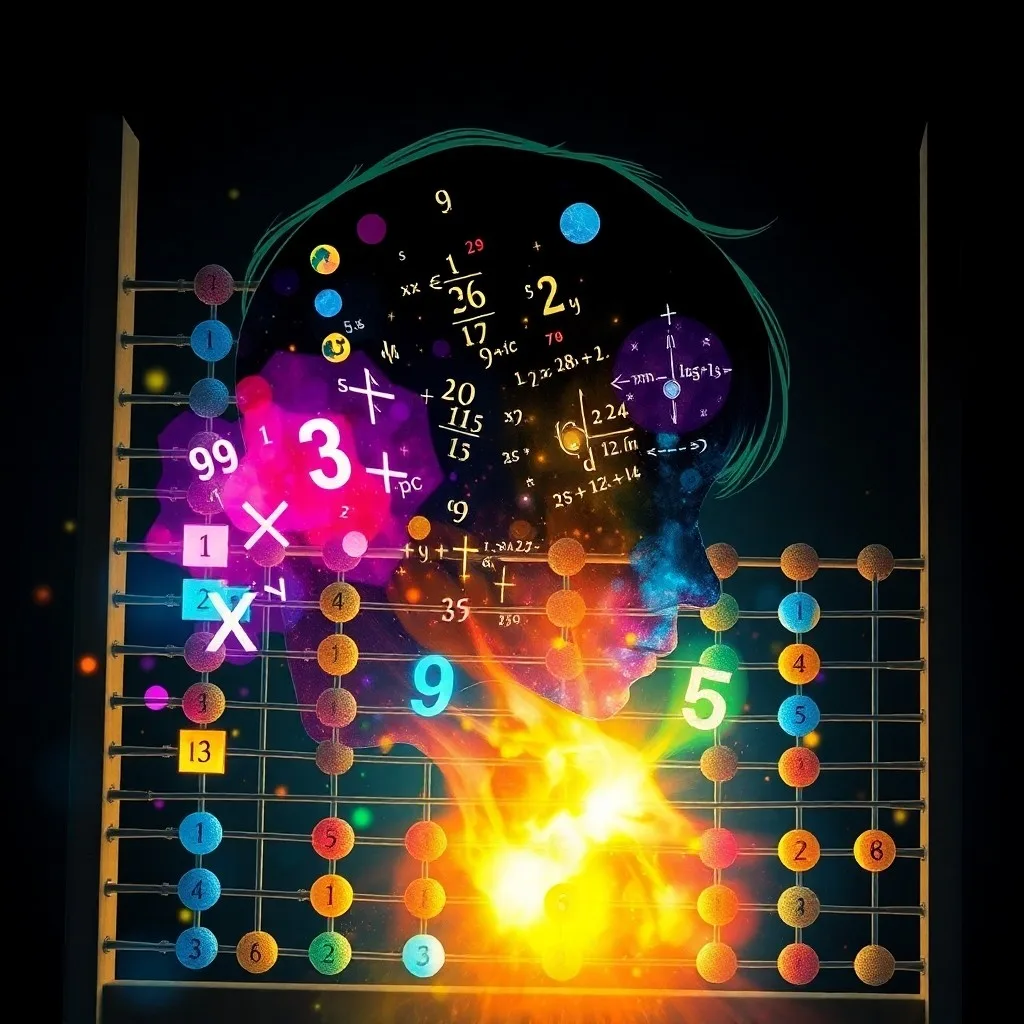Ábaco estilizado y brillante, del cual fluyen conceptos matemáticos abstractos hacia una silueta de cabeza infantil, en estilo acuarela.