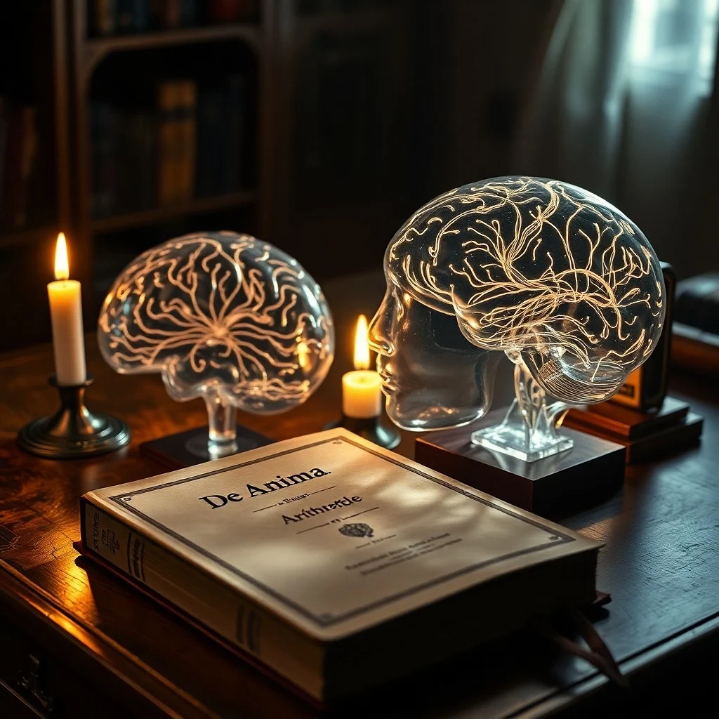 Libro antiguo y modelo de cerebro moderno iluminado sobre un escritorio de madera.