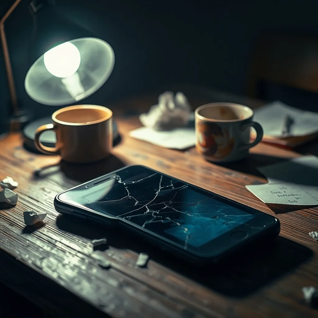Pantalla de smartphone rota y abandonada en un escritorio, rodeada de notas arrugadas y una taza de café vacía, con una iluminación tenue que sugiere aislamiento.