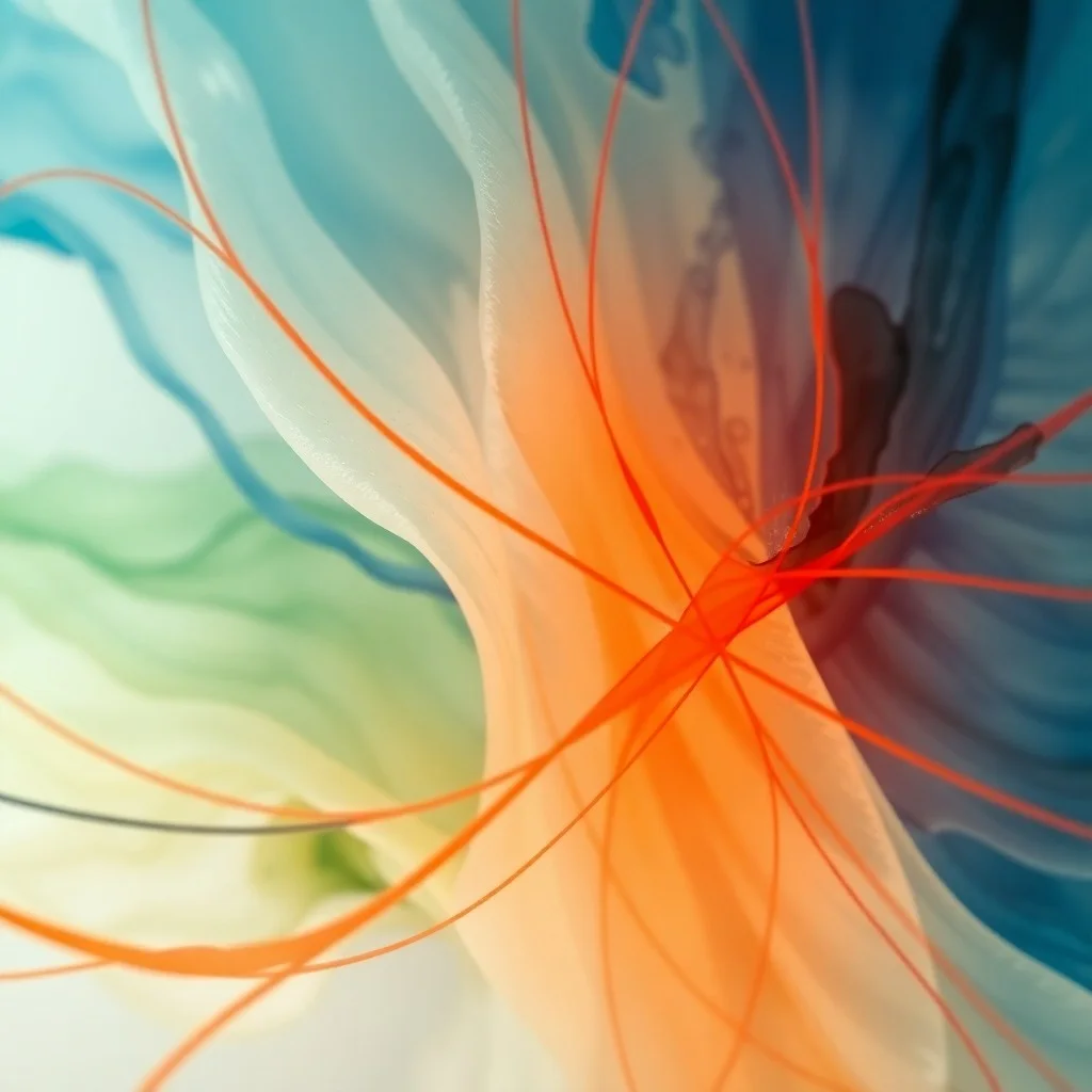 Pintura abstracta en acuarela con tonos azules y verdes que se fusionan con líneas naranjas y rojas, simbolizando la reorganización neuronal y la intervención terapéutica.