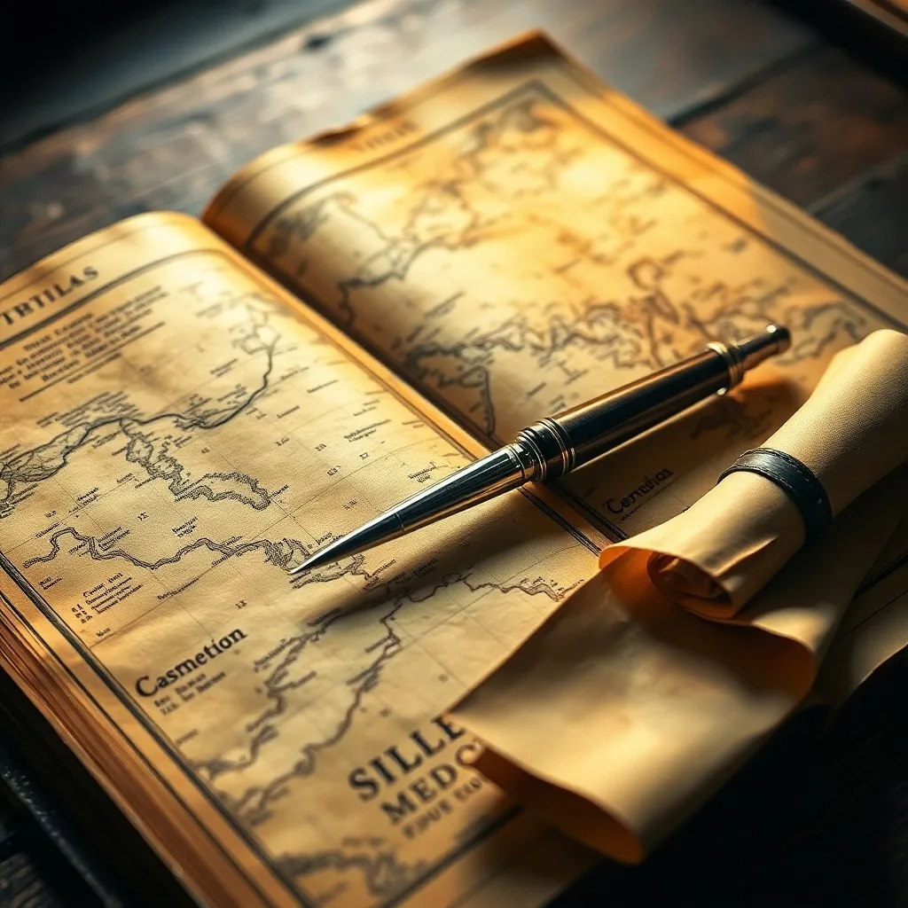 Fotografía vintage de un atlas antiguo abierto en un mapa descolorido, con una pluma de ave y un pergamino caligráfico sobre una mesa de madera.