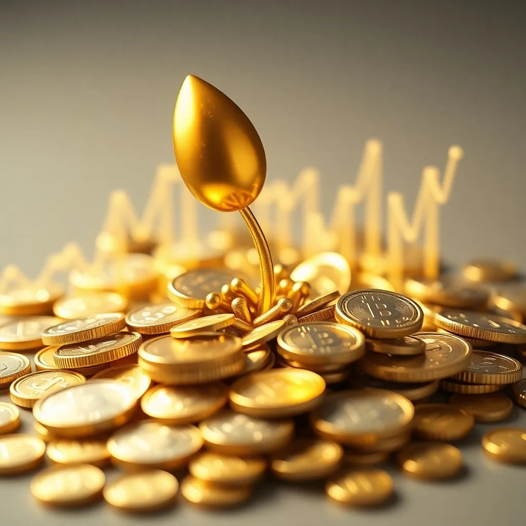 Representación 3D de una semilla dorada brotando de monedas pulidas, rodeada de gráficos abstractos y flujos de datos ascendentes, simbolizando la inversión inicial y el potencial de crecimiento.