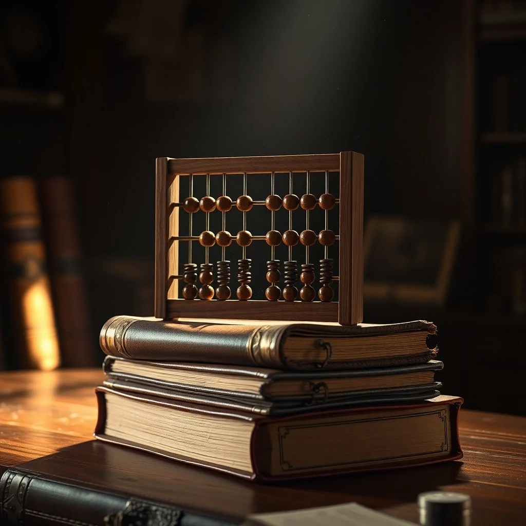 Ábaco antiguo sobre libros de contabilidad, simbolizando la sabiduría financiera y el cálculo preciso.