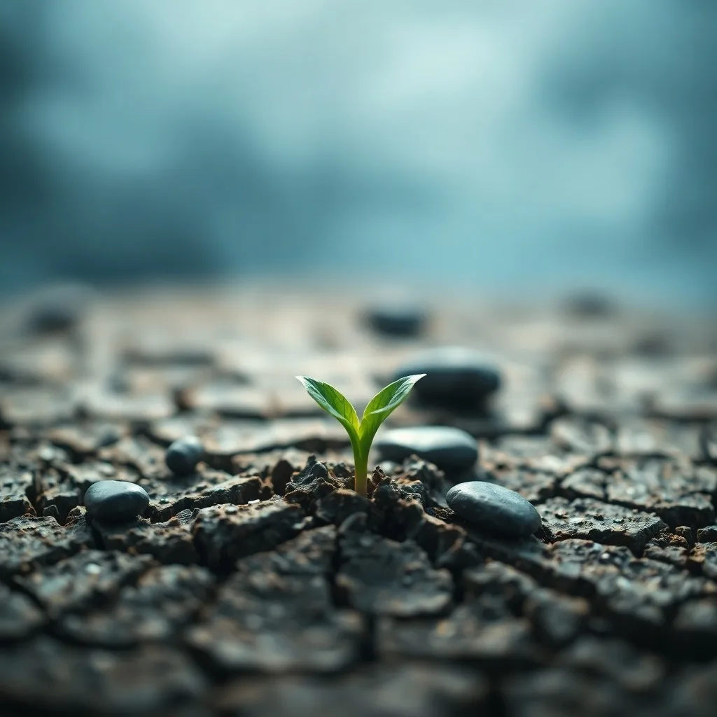 Pintura acuarela de un brote verde emergiendo de tierra agrietada con piedras, simbolizando el crecimiento y la resiliencia.