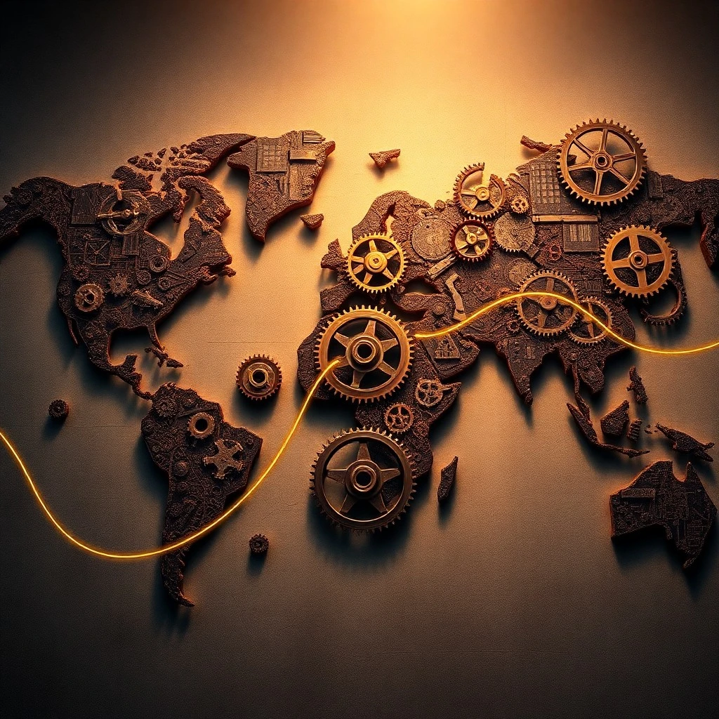 Mapa mundial fragmentado compuesto por engranajes rotos y desalineados, unidos por un hilo dorado.