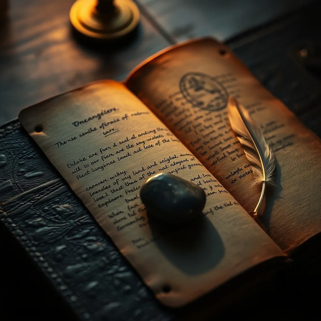 Diario de cuero antiguo con notas manuscritas sobre miedos, una piedra de preocupación y una pluma, simbolizando la superación de la ansiedad.