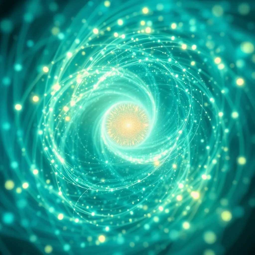 Arte conceptual abstracto de un vórtice de luz azul y verde formando un escudo protector alrededor de un orbe brillante, simbolizando la sanación mental a través de la tecnología.