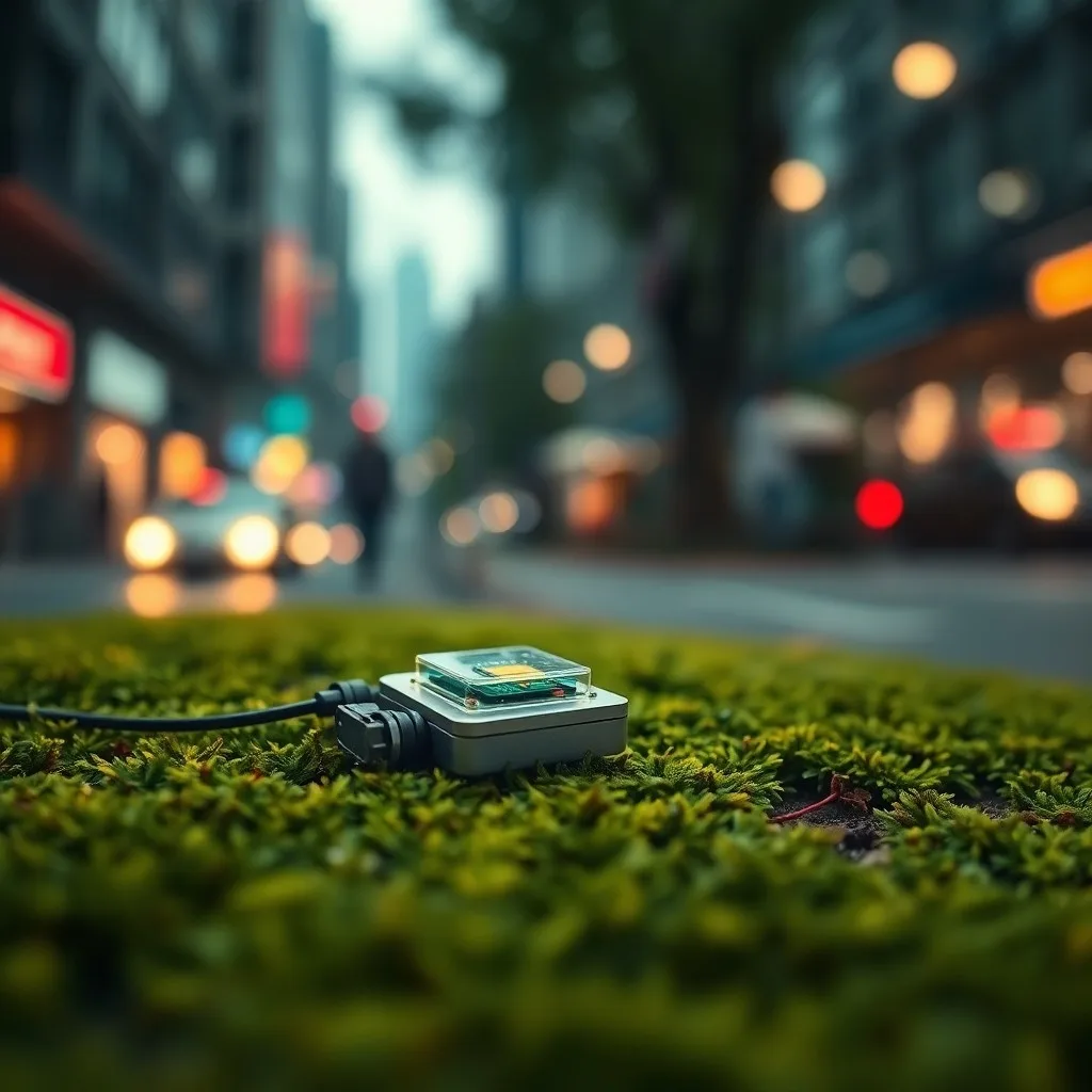 Fotografía macro de un sensor de calidad del aire miniatura en una superficie urbana musgosa, con circuitos internos visibles y datos digitales sutiles.
