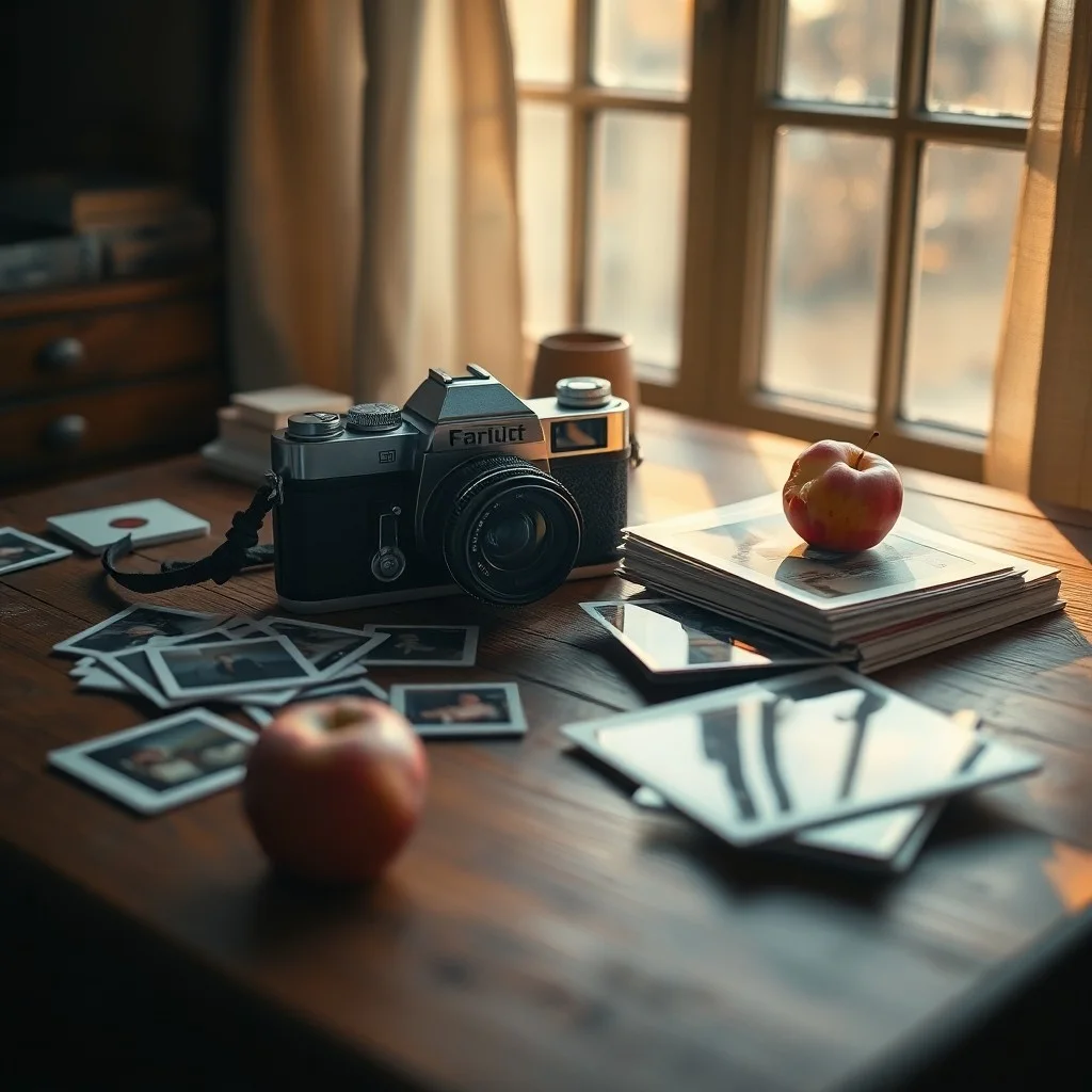 Una cámara digital vintage de principios de los 2000, con tarjetas de memoria y fotos impresas a su alrededor.