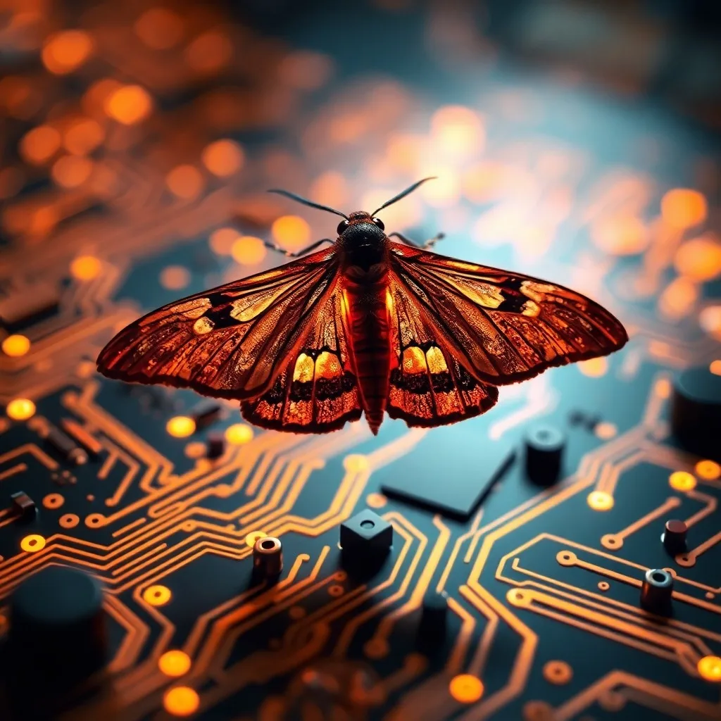 Representación artística de un circuito con una polilla, simbolizando el primer 'bug' informático y la fusión de lo natural con lo tecnológico.