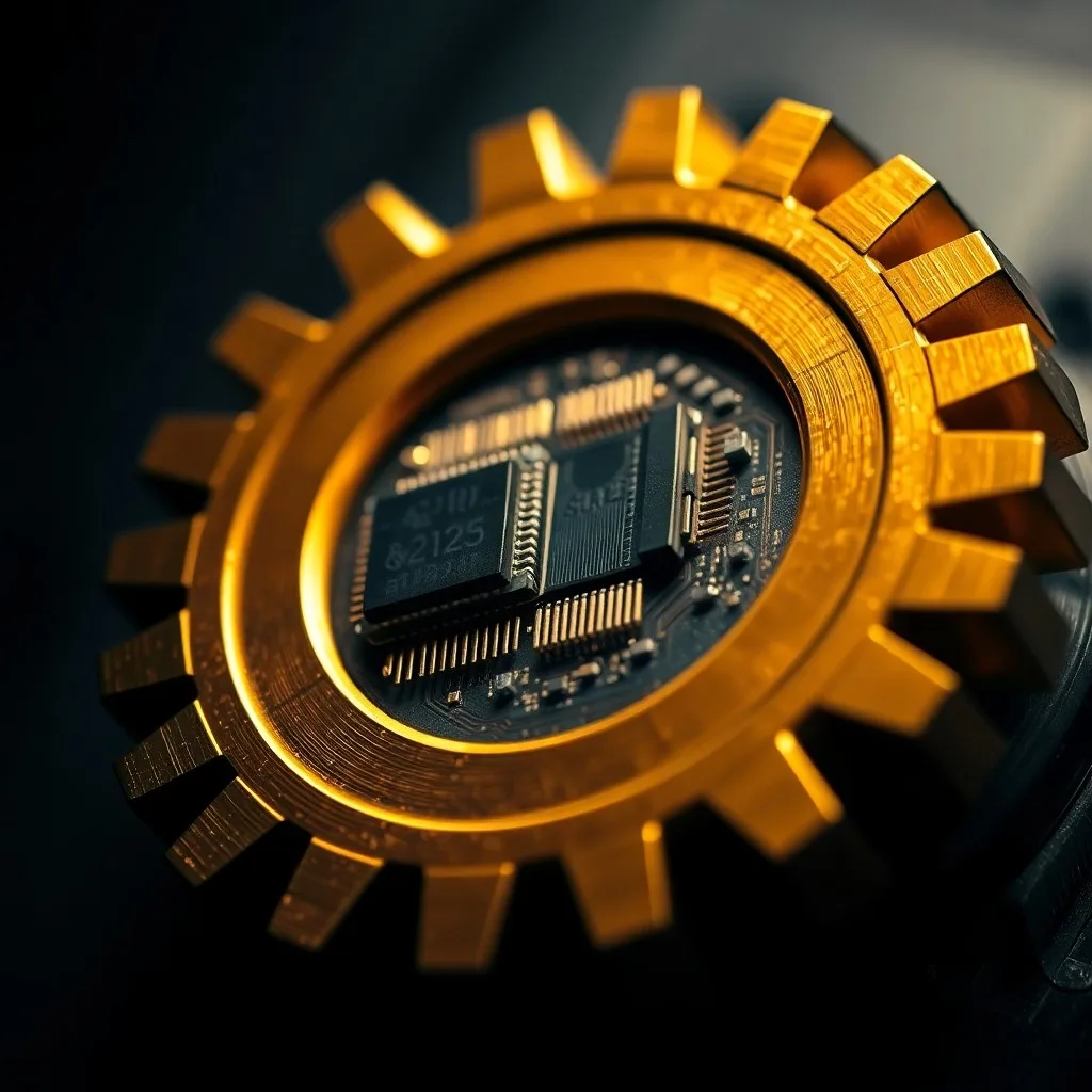 Primer plano macro de un engranaje dorado y plateado entrelazándose con un microchip moderno, simbolizando la fusión de la industria tradicional y la tecnología disruptiva. Iluminación dramática y enfoque selectivo.