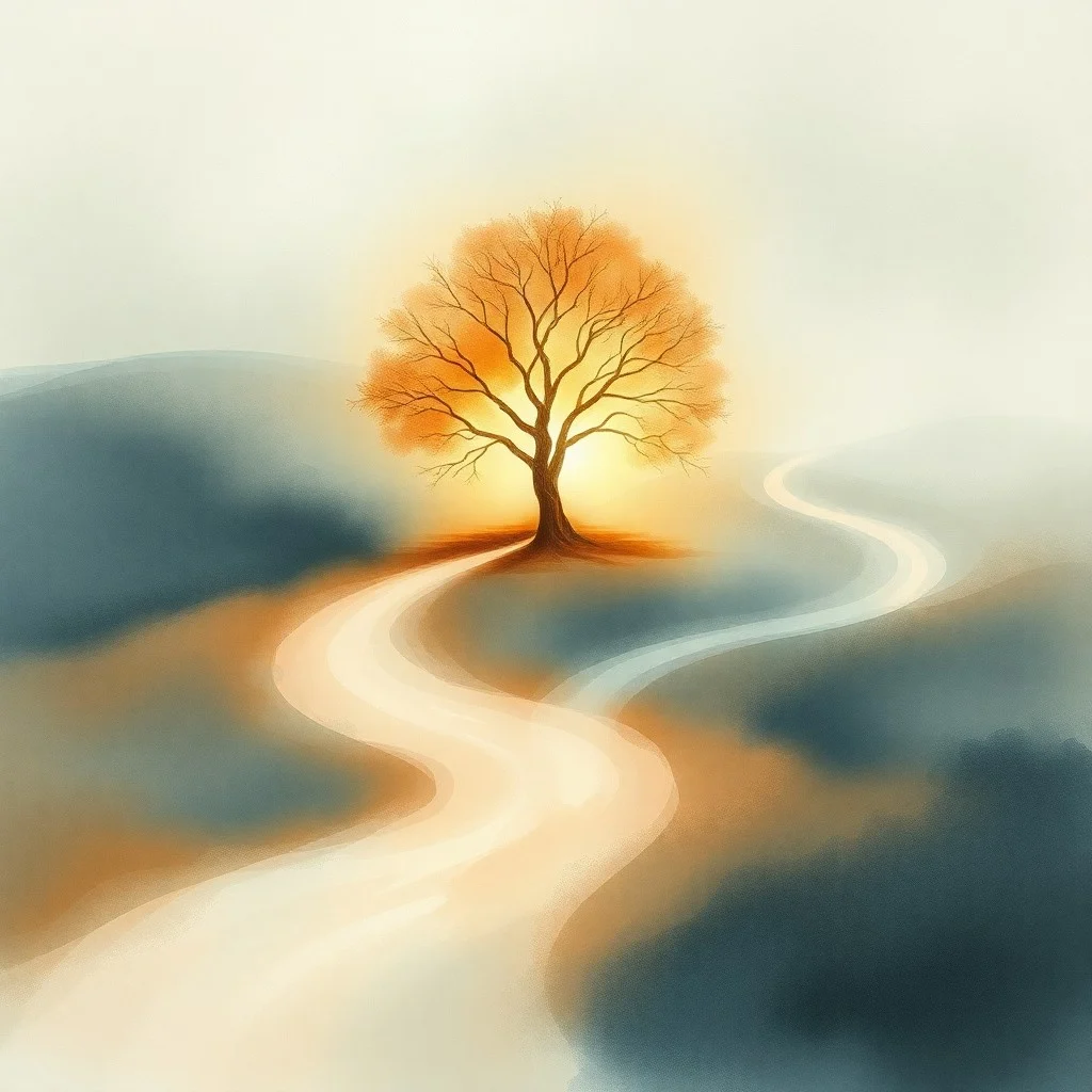 Pintura acuarela de un paisaje sereno con caminos que convergen hacia un árbol luminoso, simbolizando los diferentes caminos de los pacientes hacia la sanación holística.