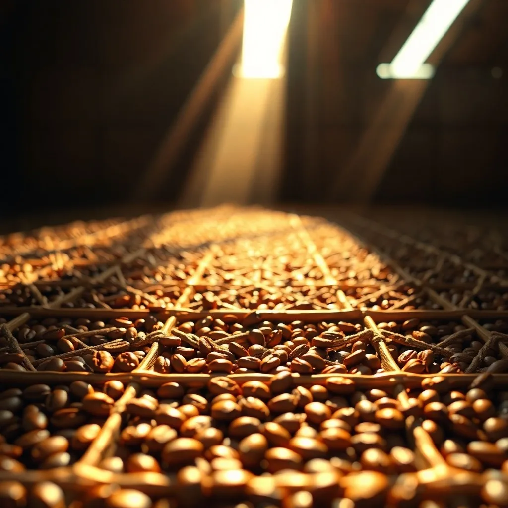 Camas de secado de café con luz solar en ilustración 3D