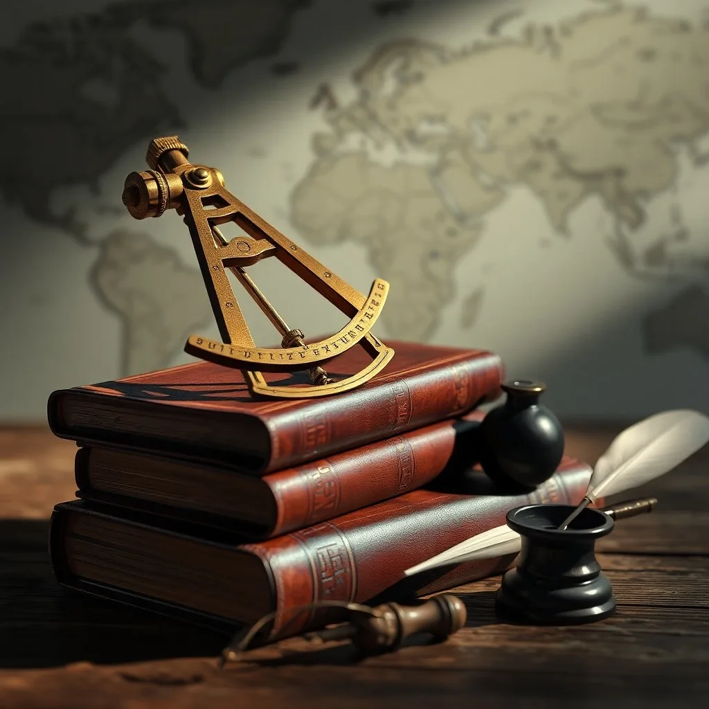 Sextante de latón antiguo sobre libros de derecho marítimo, con una pluma y un tintero, simbolizando la complejidad legal de la navegación.