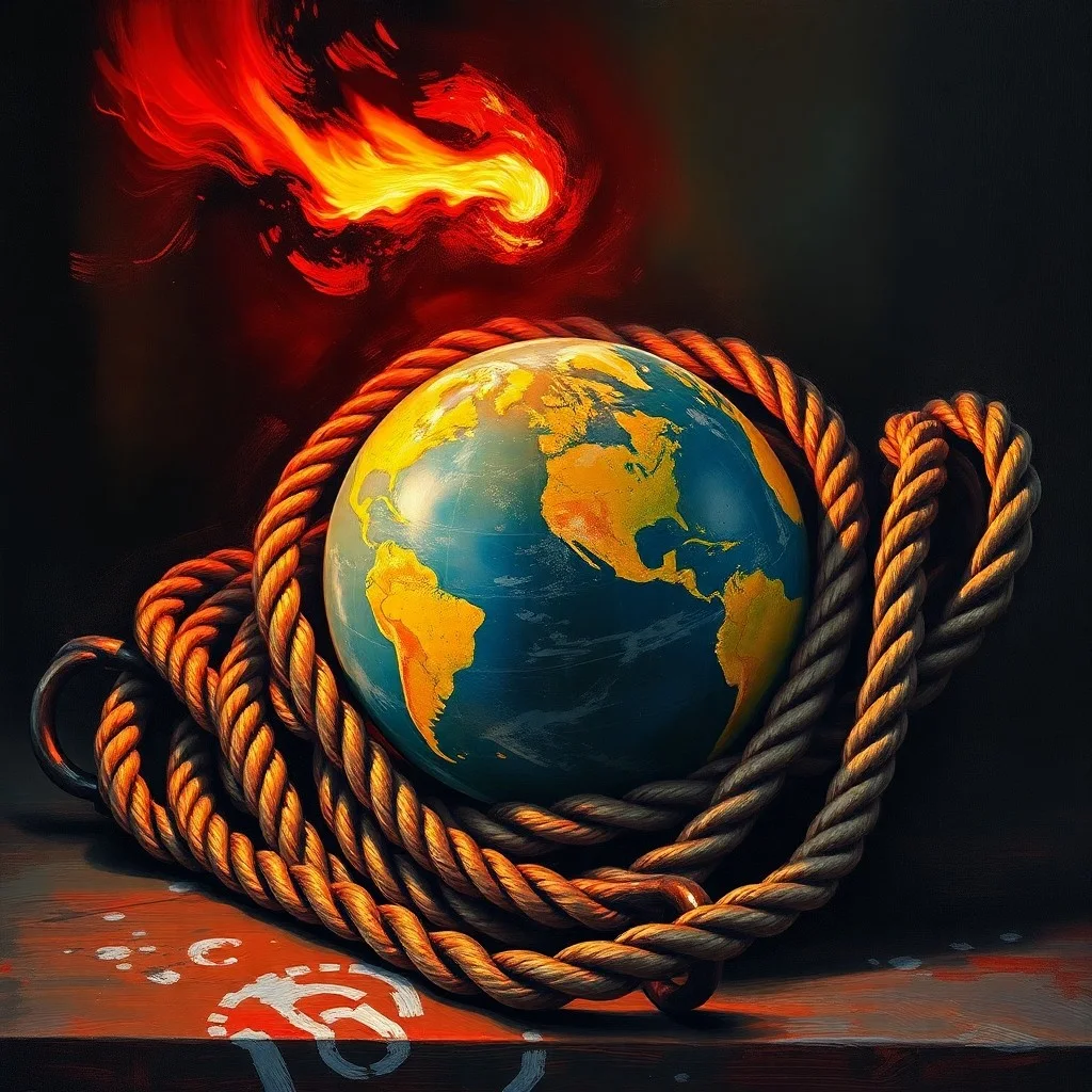 Pintura al óleo conceptual de una bengala iluminando un globo fragmentado, con cuerdas y cadenas, simbolizando la cooperación internacional en rescate marítimo.