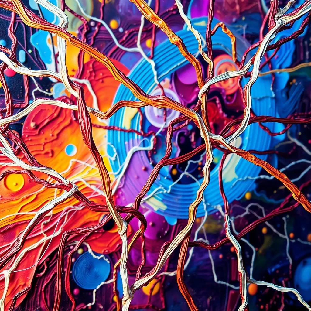 Pintura al óleo abstracta con líneas interconectadas y gradientes de color vibrantes, representando redes neuronales que forman nuevas conexiones. Las pinceladas son dinámicas y sugieren movimiento.