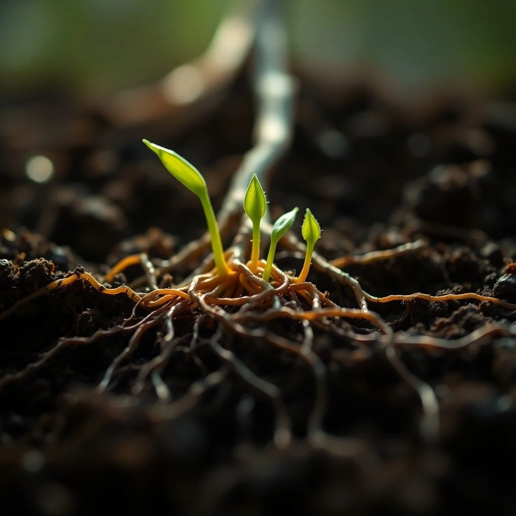 Acuarela detallada de un sistema de raíces entrelazadas creciendo en suelo fértil, simbolizando el compromiso profundo y la fuerza fundamental, con pequeños brotes verdes.