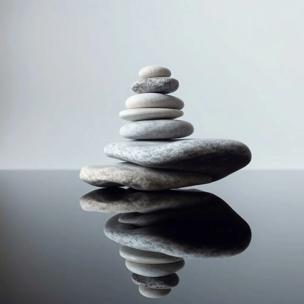 Arte conceptual de una pila de piedras lisas y pulidas de diferentes tamaños, perfectamente equilibradas en una superficie reflectante bajo una luz suave y difusa.