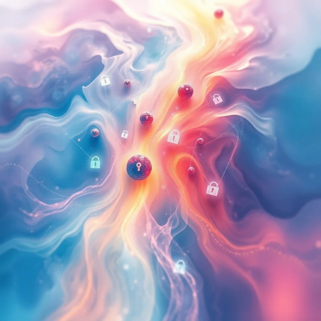 Pintura de acuarela vibrante y abstracta que representa un río de datos fluyendo, con pequeñas islas distintas que simbolizan puntos de datos seguros, cada uno protegido por un escudo sutil y etéreo. Colores suaves y mezclados que transmiten seguridad e interconexión.