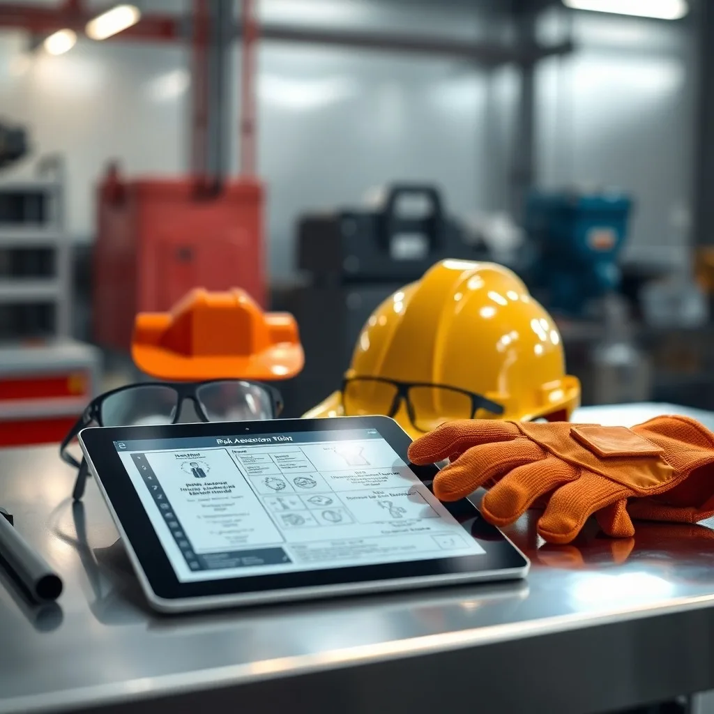 Equipo de seguridad industrial y tablet con diagrama de riesgo