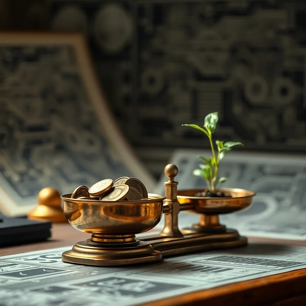 Fotografía cinematográfica de un escritorio con balanzas de latón, monedas y una planta creciendo, con planos de interfaz digital borrosos al fondo.