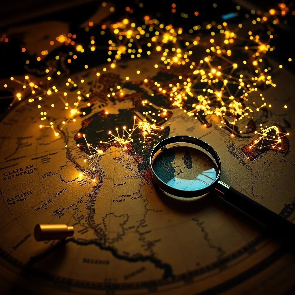 Una representación conceptual abstracta de puntos de datos interconectados formando un mapa celestial, con nodos brillantes que simbolizan contribuciones colaborativas. Debajo, un mapa astronómico antiguo parcialmente cubierto por superposiciones digitales y una lupa.