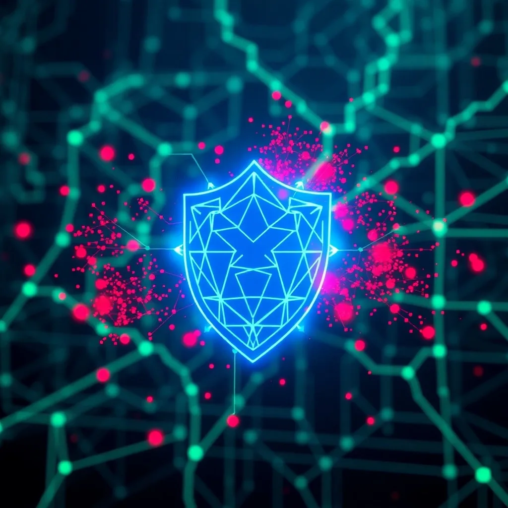 Renderizado isométrico de un escudo digital futurista con un icono de candado, rodeado de líneas de código y una red de seguridad cibernética, flotando sobre un fondo abstracto que representa datos y protección en el ciberespacio.