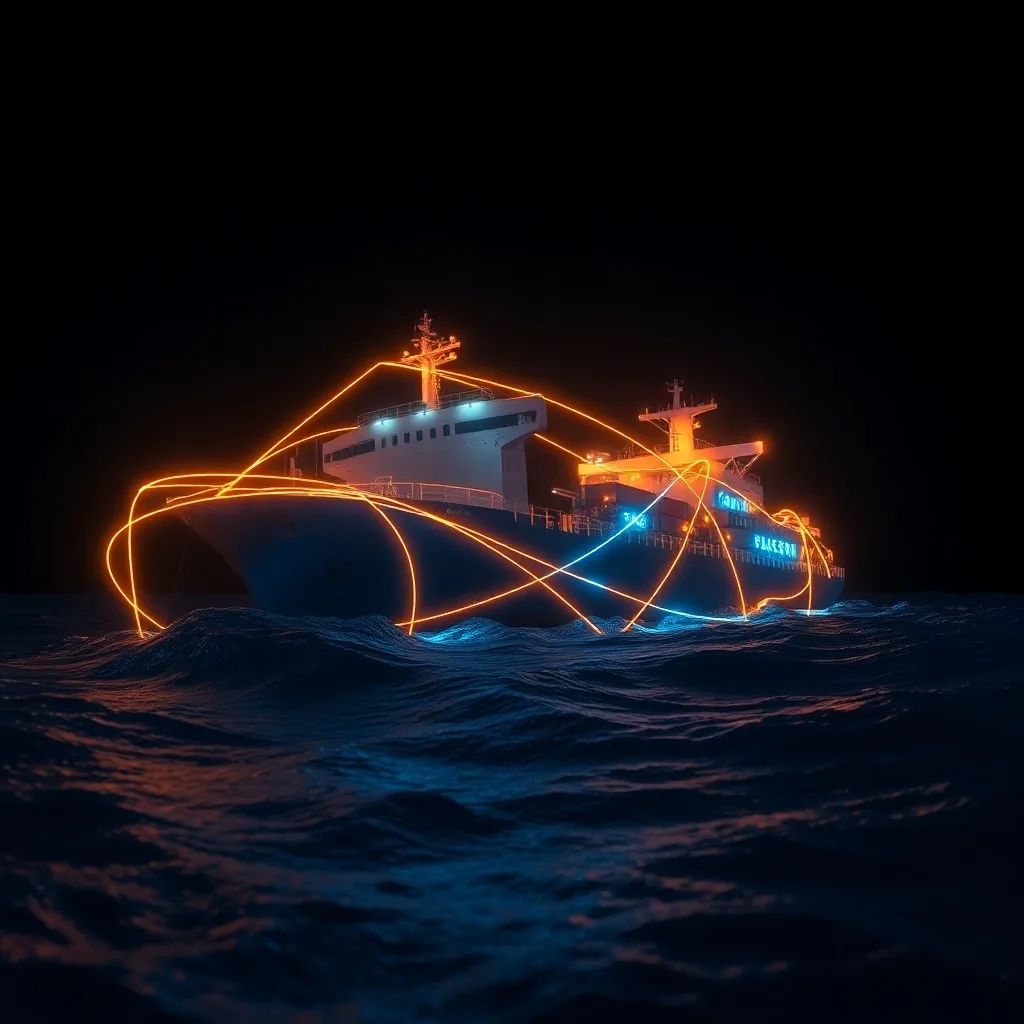 Representación 3D detallada y estilizada de un buque de carga en apuros parcialmente sumergido, rodeado de líneas abstractas y brillantes que representan los esfuerzos de rescate y los marcos legales, todo contra un mar oscuro y turbulento. Arte conceptual, alto contraste.