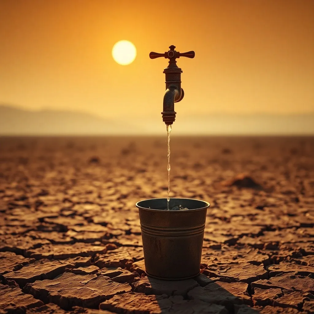 Tierra árida y agrietada con un grifo oxidado goteando, simbolizando la escasez de agua y la tensión