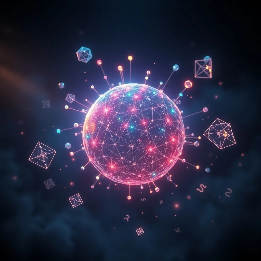 Render 3D conceptual de nodos de red neuronal formando una esfera luminosa, rodeada de formas geométricas translúcidas que representan estructuras lingüísticas.
