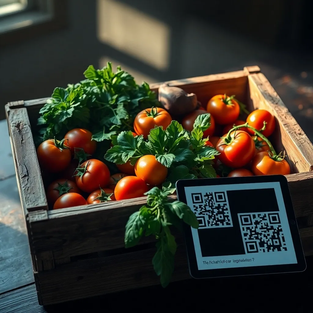 Caja de madera con productos orgánicos y una tableta mostrando un código QR de blockchain, simbolizando la autenticidad del origen.