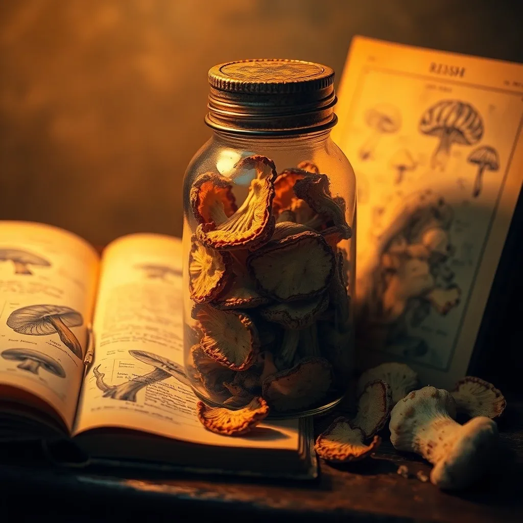 Pintura al óleo de un antiguo frasco de boticario con hongos Reishi secos y un libro de medicina botánica abierto.