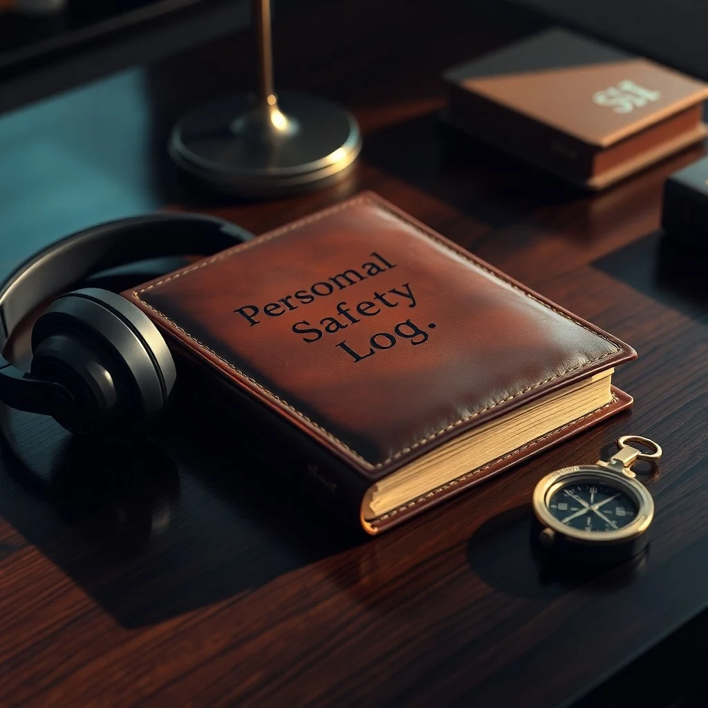 Diario de seguridad personal de cuero, auriculares y brújula en escritorio.