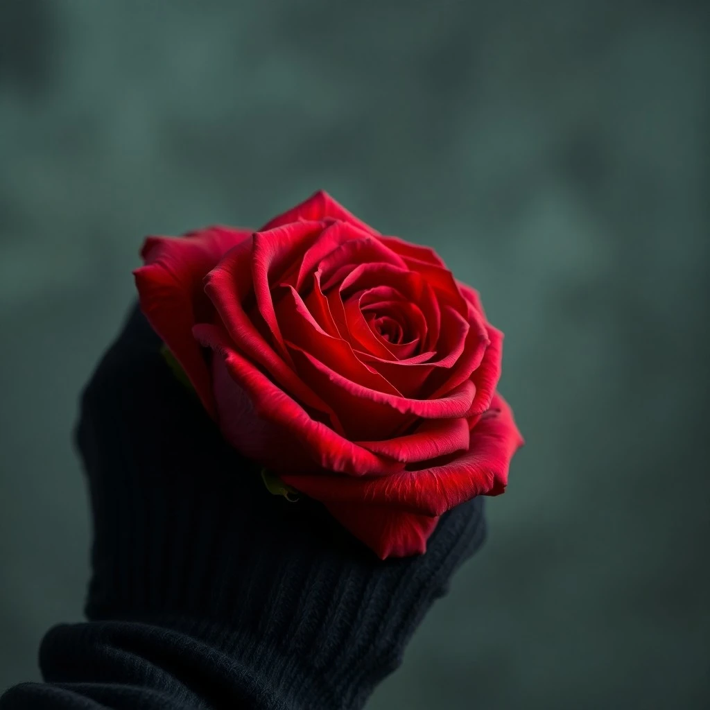 Pintura al óleo de una rosa roja en mano enguantada, simbolizando resiliencia.