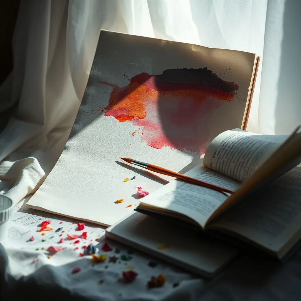 Pintura de acuarela abstracta de un lienzo a medio terminar con un pincel, pigmentos de acuarela dispersos y un diario abierto lleno de bocetos intrincados, bajo una luz suave y onírica.