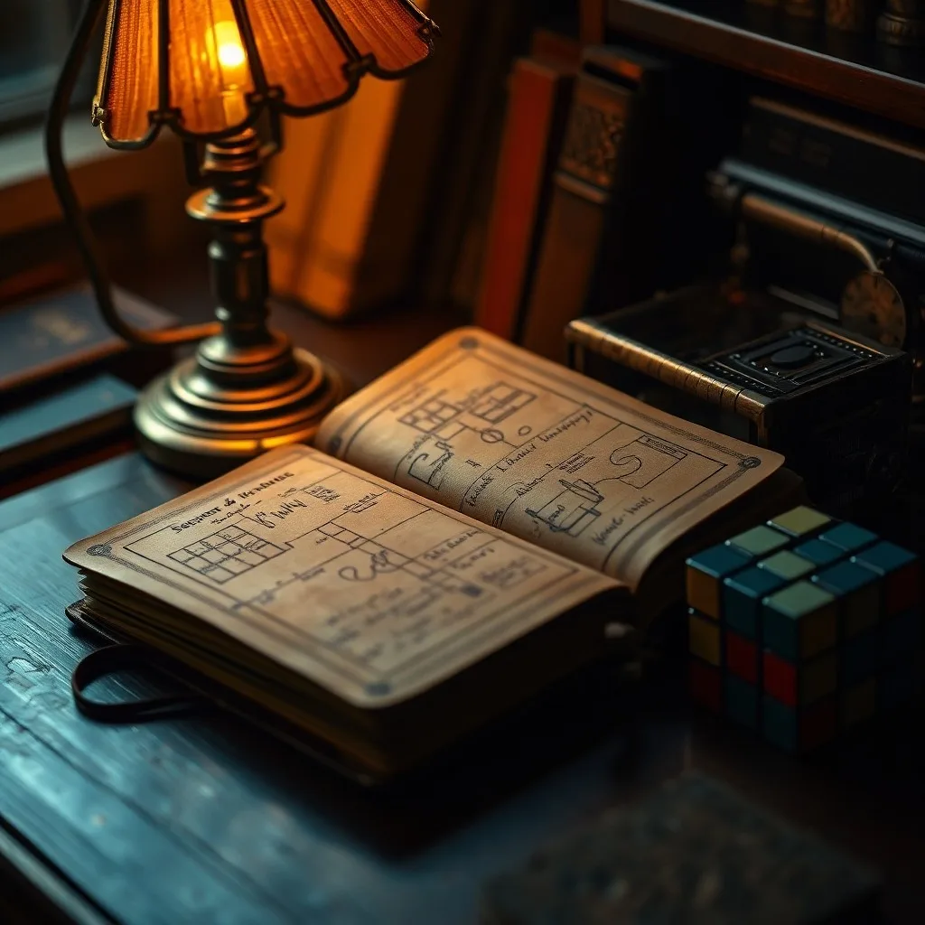 Fotografía cinematográfica de naturaleza muerta de un diario de cuero antiguo con notas y diagramas, sobre un escritorio de madera, junto a una lámpara antigua. Un cubo de Rubik resuelto y un laberinto en miniatura simbolizan la resolución de problemas en un ambiente de pensamiento profundo.