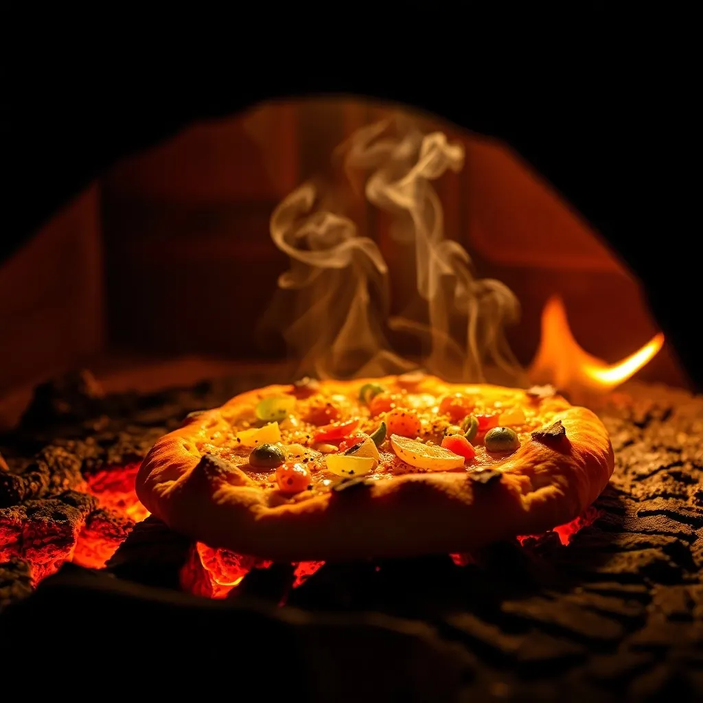 Horno de leña rústico con pan plano y aderezos exóticos, estilo fotografía macro cinematográfica