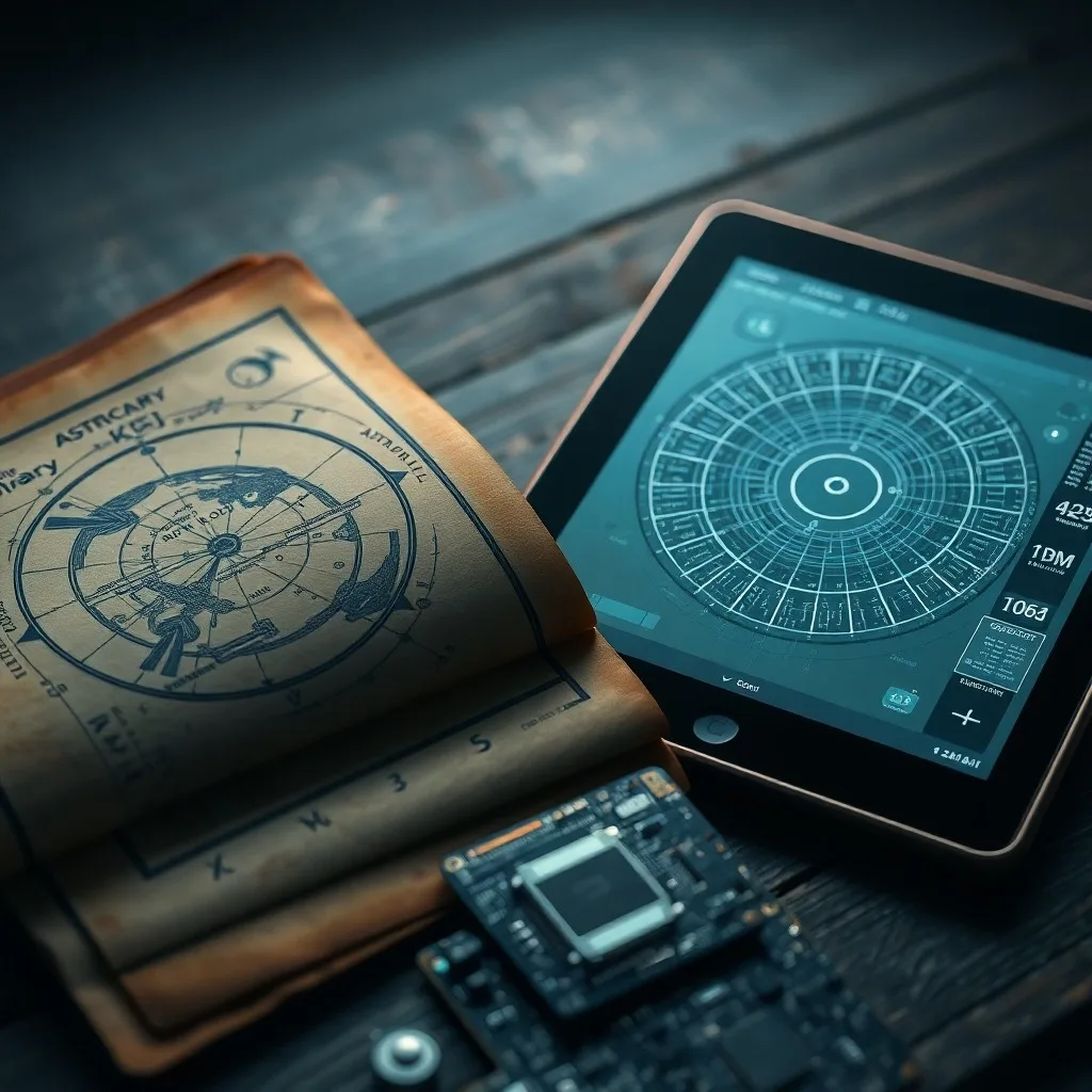 Bodegón cinematográfico con un libro de astronomía antiguo, una tablet moderna mostrando algoritmos de datos y una placa de circuito, todo iluminado por un resplandor cósmico.