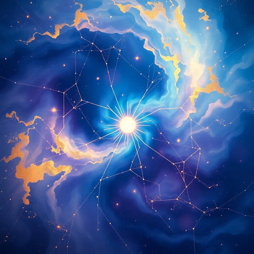 Pintura acuarela abstracta de descubrimiento celestial, con nebulosas de colores vibrantes formando patrones sutiles de una red neuronal, y un estallido de estrella brillante en el centro.