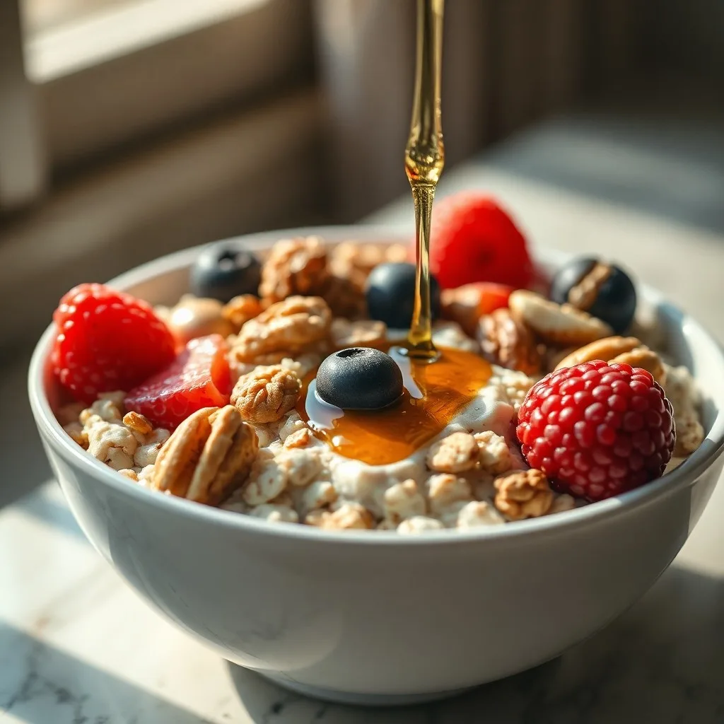 Primer plano de un desayuno saludable con avena, frutos rojos y miel, bajo una luz matutina.