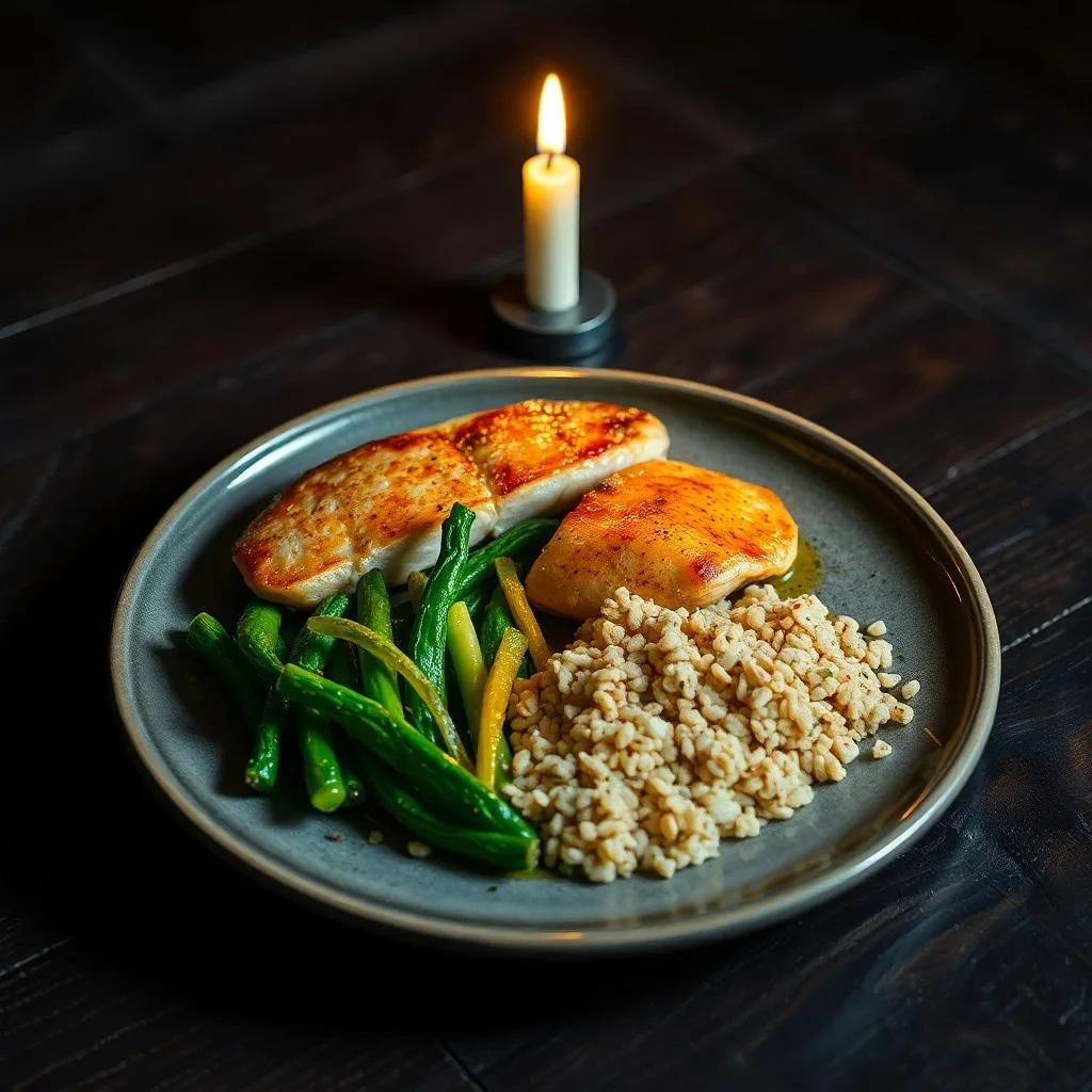 Pintura al óleo de un plato de cena equilibrado con pescado y verduras, bajo una luz tenue y acogedora.
