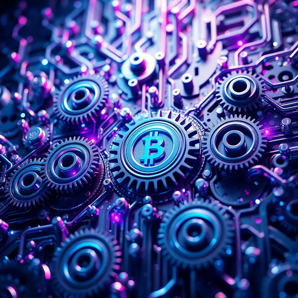 Red de engranajes y circuitos cuánticos interconectados, simbolizando un complejo sistema financiero en movimiento.
