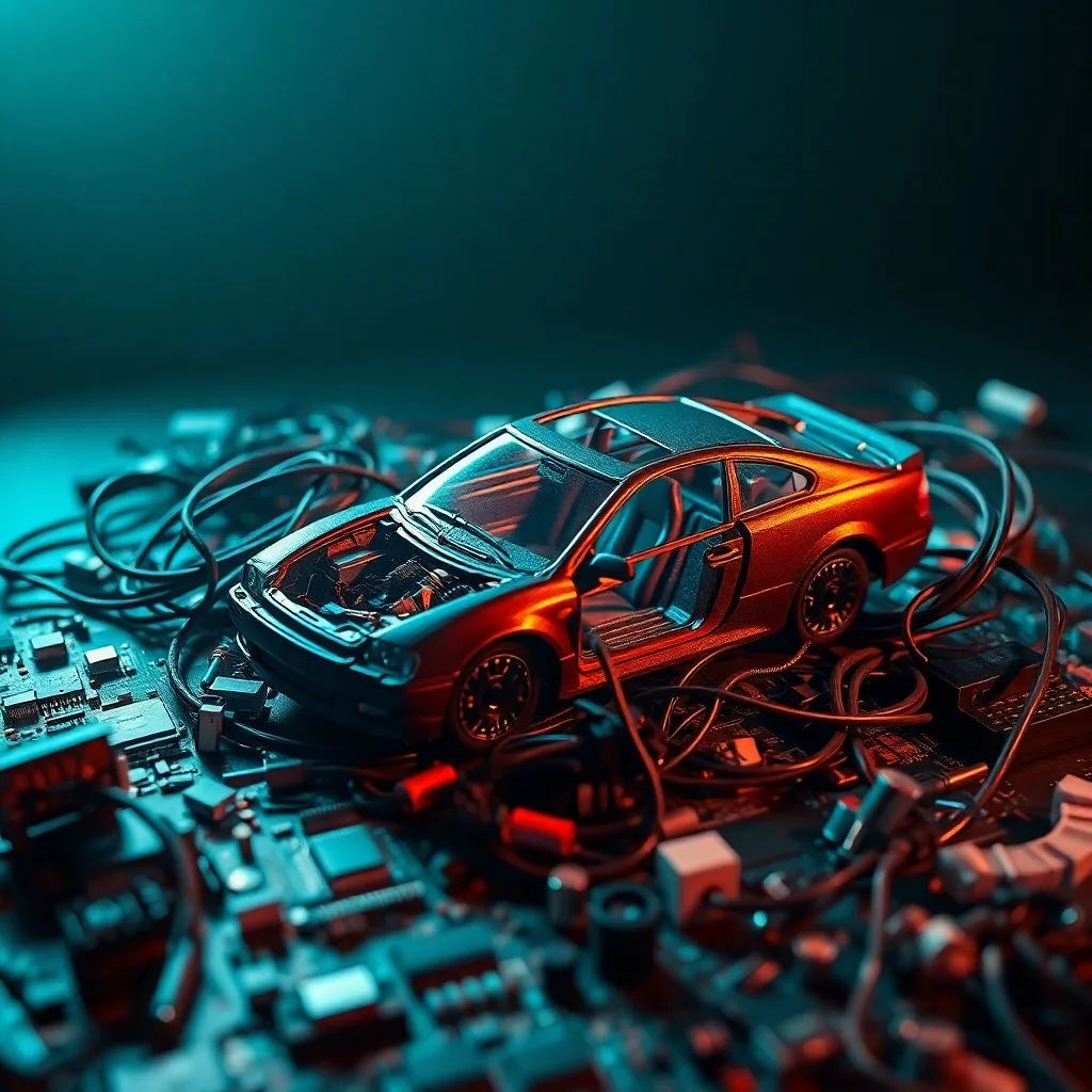 Bodegón de componentes electrónicos y un coche en miniatura, simbolizando la escasez en la industria automotriz y tecnológica.
