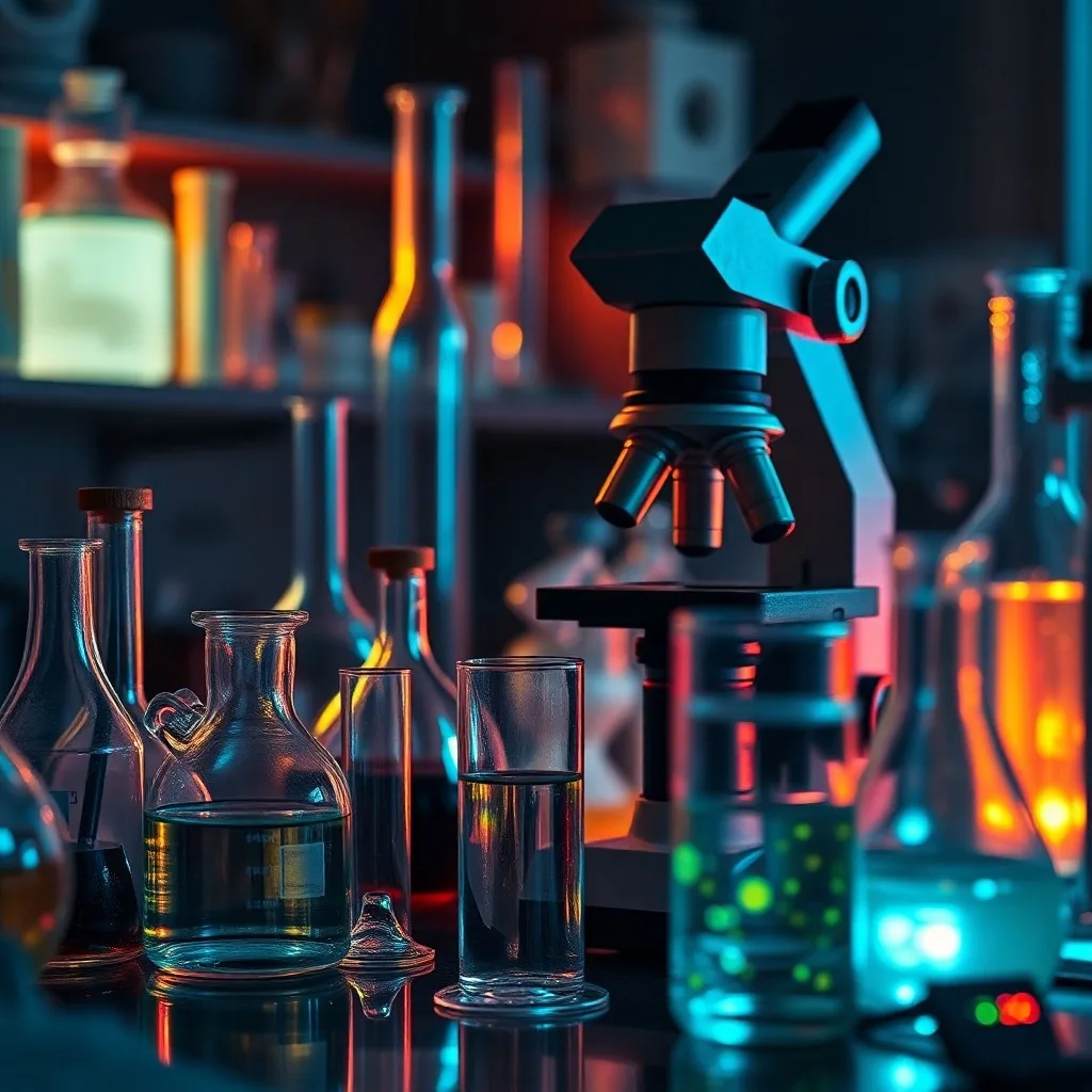 Fotografía macro de un laboratorio con instrumentos científicos y líquidos luminiscentes.