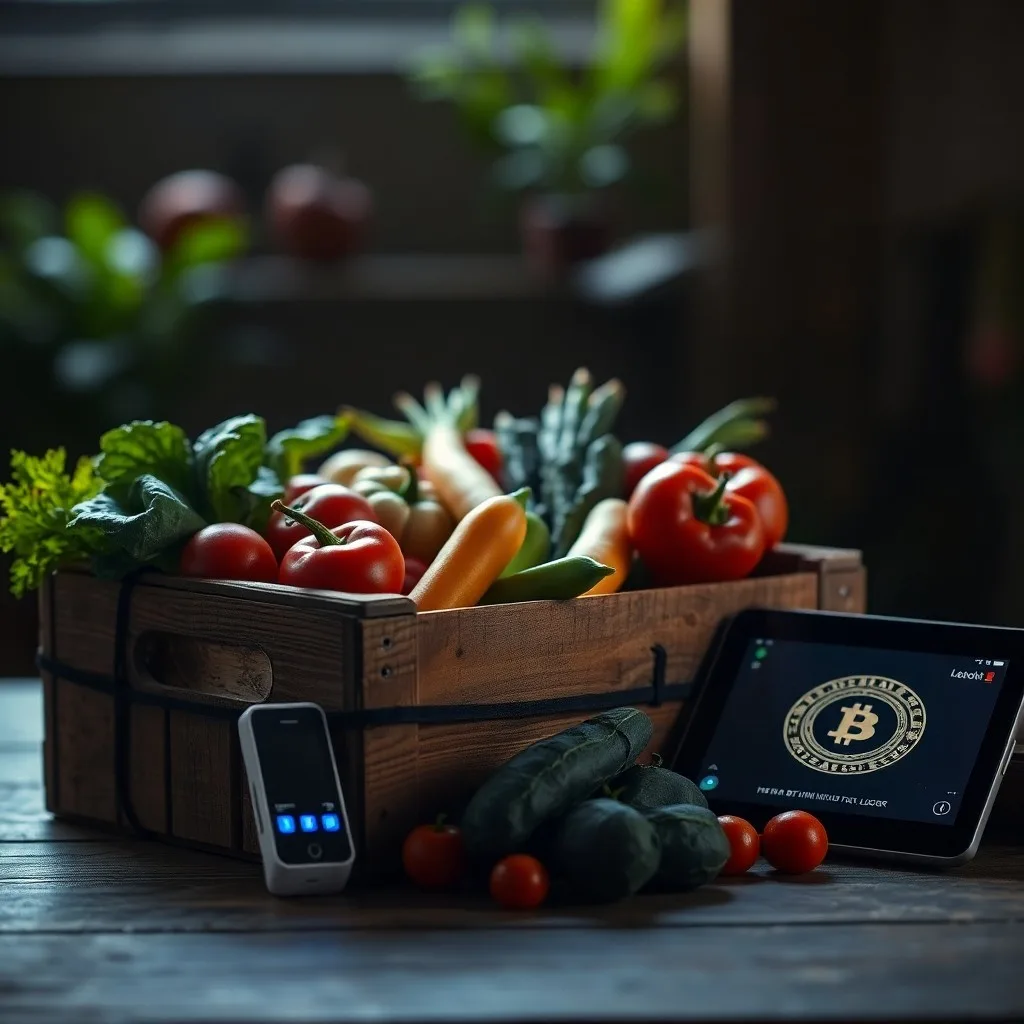 Caja de madera con vegetales frescos, sensor IoT y tablet con blockchain
