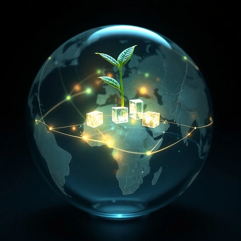 Globo de cristal con cadenas de bloques y un brote, simbolizando la confianza global