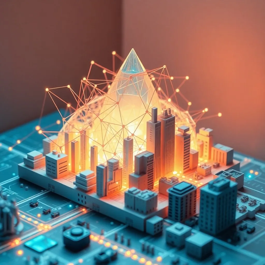 Primer plano de un antiguo plano urbano con proyecciones holográficas de datos y una antena 5G en miniatura, simbolizando la integración de IoT en la infraestructura.