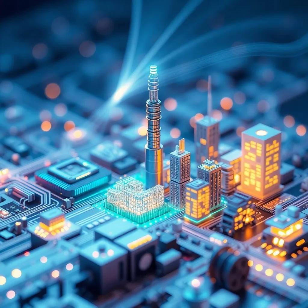 Pintura al óleo abstracta de engranajes y circuitos interconectados en tonos metálicos, con luz etérea, simbolizando la fusión de tecnología y procesos en la Industria 4.0.