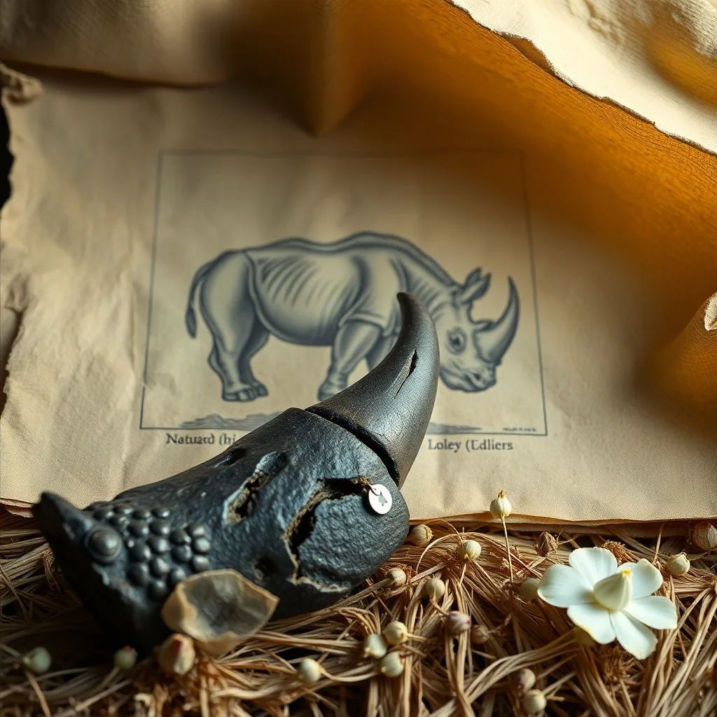 Escritorio antiguo con un libro abierto mostrando una ilustración de rinoceronte, junto a una pluma, un mapa y una estatuilla de marfil.