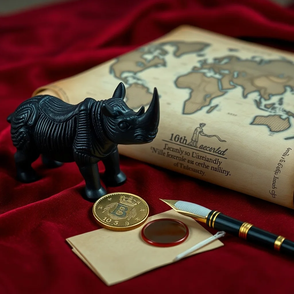 Una composición artística de un libro antiguo abierto, una pluma de ave y un mapa del siglo XVI, junto a una pequeña figura de rinoceronte de marfil, todo iluminado por una luz suave y dramática.